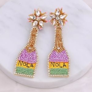 New Orleans NOLA Beaded Statement Earrings Mardi Gras Colors with Crysta…